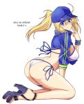 1girl ahoge arched_back artoria_pendragon_(all) ass back bangs baseball_cap bikini blonde_hair blue_footwear blue_headwear blue_jacket breasts butt_crack character_name closed_mouth fate/grand_order fate_(series) finger_to_cheek from_side full_body hair_through_headwear hat heart high_heels highres jacket kiriya_(aprikose_0312) kneeling leaning_forward long_hair long_sleeves looking_at_viewer medium_breasts mysterious_heroine_xx_(foreigner) ponytail romaji_text shrug_(clothing) side-tie_bikini simple_background skindentation smile solo string_bikini swimsuit thigh_strap white_background white_bikini wristband 