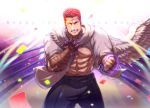  1boy abs bara blue_eyes chest confetti flaming_eye heterochromia highres lightning male_focus muscle navel nipples pants pectorals pollux_(tokyo_houkago_summoners) redhead scarf short_hair single_wing smirk solo suku thick_thighs thighs upper_body wings yellow_eyes 