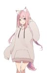  1girl animal_ear_fluff animal_ears bangs blue_eyes blush commentary_request drawstring eyebrows_visible_through_hair fang feet_out_of_frame grey_hoodie hand_up highres hood hood_down hoodie hoodie_dress long_hair long_sleeves looking_at_viewer mayogii original parted_lips pink_hair simple_background sleeves_past_fingers sleeves_past_wrists smile solo standing tail very_long_hair white_background 