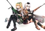  2girls absurdres assault_rifle black_footwear black_gloves black_headwear black_legwear black_skirt blonde_hair boots brown_footwear brown_jacket character_name dragunov_svd eyebrows_visible_through_hair fingerless_gloves girls_frontline gloves green_ribbon grey_eyes grey_hair gun hair_ribbon hairband hand_on_weapon hat highres holding holding_weapon huge_filesize jacket long_hair looking_at_viewer military military_hat military_uniform multiple_girls muteppona_hito open_mouth red_eyes ribbon rifle russian_flag shirt silver_hair sitting sitting_on_floor skirt smile sniper_rifle sv-98 sv-98_(girls_frontline) svd_(girls_frontline) tape thigh-highs uniform weapon weapon_case white_background white_jacket white_shirt 