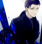  1boy asnmfgo bangs black_bow black_hair black_jacket black_neckwear blue_jacket bow collared_shirt fate/grand_order fate_(series) formal green_eyes jacket long_sleeves looking_at_viewer male_focus neckwear parted_lips sherlock_holmes_(fate/grand_order) shirt short_hair simple_background solo suit upper_body white_background white_shirt 