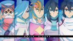  1girl 4boys animal_ears black_eyes black_hair blue_eyes blue_hair brown_eyes brown_hair freddie_(gundam_build_divers_re:rise) green_eyes gundam gundam_build_divers gundam_build_divers_re:rise hair_over_one_eye hat headband kuga_hiroto may_(gundam_build_divers_re:rise) momoza_r multiple_boys parviz_(gundam_build_divers_re:rise) poncho smile torimachi_kazami twitter_username 