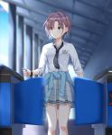  1girl antenna_hair asakura_tooru bangs bare_legs black_neckwear blue_eyes blue_jacket breast_pocket clothes_around_waist collar collared_shirt ear_piercing eyebrows_visible_through_hair fare_gate gate grey_skirt highres idolmaster idolmaster_shiny_colors jacket jacket_around_waist justice/ryo light_blush multicolored_hair nail_polish necktie outdoors parted_bangs piercing plaid plaid_skirt pleated_skirt pocket school_uniform shirt short_hair skirt sleeves_rolled_up smile solo ticket train_station two-tone_hair watch white_collar wristband 