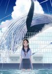  1girl absurdres arms_at_sides black_hair blue_sky clouds day droplets fence ghost highres long_hair looking_at_viewer original outdoors pool school_uniform see-through serafuku shirt short_sleeves sky solo un_(un0044) violet_eyes wading water wet whale white_shirt 