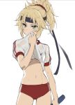  1girl absurdres bangs blonde_hair blush braid breasts buruma fate/apocrypha fate_(series) french_braid green_eyes gym_shirt gym_uniform hair_ornament hair_scrunchie highres long_hair looking_at_viewer mordred_(fate) mordred_(fate)_(all) name_tag navel olympian_bloomers parted_bangs ponytail red_buruma red_scrunchie scrunchie shirt sidelocks simple_background small_breasts tonee white_background 