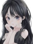  1girl absurdres bangs black_eyes black_hair close-up hands_on_own_face highres huge_filesize looking_at_viewer mile_(mil2) open_mouth original solo white_background 