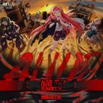  4girls arknights bass_guitar blonde_hair drum drumsticks green_hair instrument loudspeaker microphone multiple_girls official_art red_eyes redhead road_sign sign sunset television yellow_eyes 