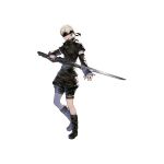  1boy alternate_costume black_blindfold black_flower black_footwear black_shorts blindfold boots detached_sleeves flower full_body highres holding holding_sword holding_weapon lunar_tear male_focus nier_(series) nier_automata nier_reincarnation official_art short_hair shorts silver_hair solo sword thigh_strap type-4o_sword weapon white_background yorha_no._9_type_s yoshida_akihiko 