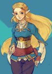  1girl blonde_hair blue_eyes breasts closed_mouth fingerless_gloves gloves hair_ornament highres long_hair looking_at_viewer pointy_ears princess_zelda simple_background smile solo the_legend_of_zelda the_legend_of_zelda:_breath_of_the_wild 