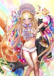  1girl abigail_williams_(fate/grand_order) abigail_williams_(swimsuit_foreigner)_(fate) bacon bangs bare_shoulders bikini black_cat blonde_hair blue_eyes bonnet bow braid breasts cat chocolate closed_mouth eating fate/grand_order fate_(series) food forehead fork fruit hair_bow hair_rings hi_ros3 highres innertube knife long_hair miniskirt navel pancake parted_bangs plate sidelocks skirt small_breasts strawberry swimsuit syrup thighs twin_braids twintails very_long_hair whipped_cream white_bikini white_bow white_headwear 