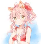  1girl :o ahoge animal_ear_fluff animal_ears bare_arms bikini blush bow breasts collarbone commentary_request eyebrows_visible_through_hair fang fox_ears frilled_bikini frills hair_between_eyes hair_ribbon looking_at_viewer open_mouth parted_lips pink_hair ponytail red_ribbon ribbon sidelocks simple_background sketch solo swimsuit upper_body wataame27 wolf-chan_(wataame27) yellow_eyes 