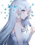  1girl blue_butterfly blue_eyes dress earrings flower_earrings food from_side holding holding_food jewelry long_hair looking_to_the_side noyu23386566 original popsicle solo white_background white_dress white_hair 