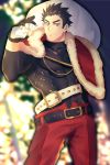  1boy bara belt black_hair blurry blurry_background chest fingerless_gloves gloves green_eyes highres kihane_atsusane male_focus master_3_(tokyo_houkago_summoners) muscle pants santa_costume short_hair smile tight tokyo_houkago_summoners toned toned_male upper_body 