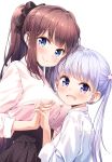  2girls bangs blue_eyes blunt_bangs breasts brown_hair flower hair_flower hair_ornament hair_ribbon high-waist_skirt highres holding_hands interlocked_fingers large_breasts long_hair looking_at_viewer multiple_girls new_game! official_art open_mouth ponytail purple_hair ribbon shirt sidelocks skirt sleeves_past_elbows suzukaze_aoba takimoto_hifumi tokunou_shoutarou twintails violet_eyes white_background white_shirt 