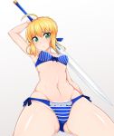 1girl ahoge arm_up artoria_pendragon_(all) ass_visible_through_thighs blonde_hair blue_bra blue_panties blush bra breasts coco_ankou excalibur fate/stay_night fate_(series) from_below green_eyes groin navel panties saber small_breasts solo thighs underwear white_background 