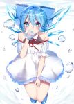  1girl air_bubble alternate_costume bare_shoulders blue_bow blue_eyes blue_footwear blue_hair blush bow bubble cirno collarbone commentary_request dress eyebrows_visible_through_hair full_body hair_bow highres ice ice_wings neck_ribbon ribbon shiki_(s1k1xxx) shoes short_sleeves solo touhou underwater white_dress wings 