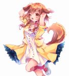  1girl animal_ears brown_eyes brown_hair dog_ears dog_girl dog_tail highres hololive inugami_korone jumping linnea_kataja looking_at_viewer one_eye_closed open_mouth solo tail virtual_youtuber white_background 
