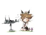  2girls aircraft aircraft_request airplane animal_on_head breasts brown_hair closed_eyes commentary_request dog fairy_(kantai_collection) gloves hairband headgear kantai_collection large_breasts midriff miniskirt multiple_girls mutsu_(kantai_collection) on_head piitan2_mokotan radio_antenna seiza short_hair simple_background sitting skirt translation_request white_background white_gloves 