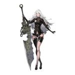  1girl alternate_costume android black_flower black_footwear black_gloves black_panties blue_eyes breasts crossed_legs flower gloves hair_between_eyes highres huge_weapon joints long_hair long_legs medium_breasts mole mole_under_mouth nier_(series) nier_automata nier_reincarnation official_art panties planted_sword planted_weapon reverse_grip robot_joints see-through silver_hair solo star_(symbol) star_print sword thigh_gap type-3_blade underwear weapon white_background yorha_type_a_no._2 yoshida_akihiko 