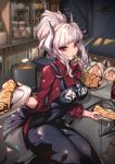  1girl apron bangs blurry blurry_background blush breasts character_name commentary demon_girl demon_horns demon_tail feet_out_of_frame food helltaker highres holding holding_plate horns in_mouth indoors large_breasts long_hair long_sleeves looking_at_viewer lucifer_(helltaker) mole mole_under_eye mouth_hold pancake plate ponytail pot red_eyes red_shirt renze_l shirt sitting smile solo spoon stairs tail white_hair white_horns 