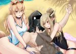  1boy 3girls abs animal_ears arknights bare_chest beach blonde_hair brown_eyes doctor_(arknights) dog_ears highres hood horns hpapo kal&#039;tsit_(arknights) long_hair mask multiple_girls nearl_(arknights) outdoors scar shining_(arknights) silhouette smile swimsuit tail white_hair yellow_eyes 