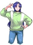  1girl arm_up blue_hair blue_nails blush closed_mouth denim eyebrows_visible_through_hair eyes_visible_through_hair green_sweater hair_over_one_eye hand_on_hip highres ignacio_penailillo jeans long_hair long_sleeves looking_to_the_side multicolored multicolored_nails original pants red_eyes sketch smile solo sweater very_long_hair yellow_nails 