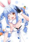  1girl ;d animal_ear_fluff animal_ears anz32 arm_up bangs bare_shoulders black_gloves black_leotard blue_hair blush bow braid breasts brown_eyes carrot_hair_ornament commentary_request detached_sleeves don-chan_(hololive) dress eyebrows_visible_through_hair food_themed_hair_ornament fur-trimmed_gloves fur_trim gloves hair_between_eyes hair_bow hair_ornament head_tilt hololive leotard long_hair multicolored_hair one_eye_closed open_mouth puffy_short_sleeves puffy_sleeves rabbit_ears short_eyebrows short_sleeves small_breasts smile strapless strapless_dress strapless_leotard thick_eyebrows twin_braids twintails twitter_username two-tone_hair upper_body usada_pekora virtual_youtuber white_background white_bow white_dress white_hair white_sleeves 