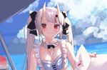  1girl :3 alternate_hairstyle beach breasts clouds fang hair_between_eyes hair_ribbon hololive horns looking_at_viewer nakiri_ayame namaonpa oni_horns red_eyes ribbon silver_hair sky small_breasts solo swimsuit twintails virtual_youtuber 