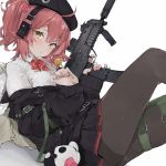  1girl ahoge bangs beret black_headwear black_jacket black_legwear black_skirt blush bow bowtie brown_eyes candy food girls_frontline gun h&amp;k_mp7 hair_bobbles hair_ornament hat headphones highres holding holding_candy holding_food holding_gun holding_lollipop holding_weapon jacket lollipop mp7_(girls_frontline) nail_polish off_shoulder pantyhose pink_nails pleated_skirt ponytail red_neckwear redhead rippootai shirt side_ponytail simple_background skirt solo submachine_gun weapon white_background white_shirt 