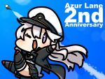  azur_lane bald_eagle bird black_coat black_neckwear chibi coat eagle enterprise_(azur_lane) hat highres kagami_kino long_hair military_hat one_eye_closed open_clothes open_coat peaked_cap sleeveless violet_eyes white_hair white_headwear 