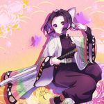  1girl amagasa_nadame bangs belt belt_buckle black_hair black_jacket black_pants blush breasts buckle butterfly_hair_ornament commentary_request floral_background forehead hair_ornament hand_up highres holding holding_sword holding_weapon jacket katana kimetsu_no_yaiba kochou_shinobu long_sleeves multicolored_hair open_clothes pants parted_bangs parted_lips purple_hair sandals sheath sheathed signature small_breasts smile solo sword two-tone_hair violet_eyes weapon white_belt white_footwear wide_sleeves 