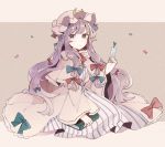  1girl :o blue_bow book bookmark bow dress frilled_dress frilled_sleeves frills full_body green_ribbon hair_bow hat long_hair mob_cap mozukuzu_(manukedori) patchouli_knowledge purple_hair red_bow red_ribbon ribbon seiza simple_background sitting striped striped_dress touhou very_long_hair violet_eyes 