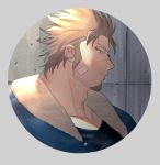  1boy alternate_costume bara blonde_hair chest cropped_shoulders facial_hair goatee highres jacob_(tokyo_houkago_summoners) kihane_atsusane looking_at_viewer male_focus manly muscle pectorals scar short_hair sideburns solo tokyo_houkago_summoners upper_body yellow_eyes 