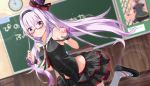  .live 1girl bespectacled blurry blurry_background breasts carro_pino chalkboard commentary_request glasses hat headband highres leg_up long_hair looking_at_viewer namae_hamada purple_hair sleeveless solo violet_eyes virtual_youtuber 