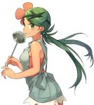  1girl bangs blush breasts chorefuji commentary_request eyebrows_visible_through_hair eyelashes floating_hair flower green_eyes green_hair hair_flower hair_ornament holding holding_ladle ladle long_hair looking_at_viewer looking_to_the_side mallow_(pokemon) overalls parted_lips pokemon pokemon_(game) pokemon_sm simple_background solo swept_bangs teeth trial_captain twintails white_background 