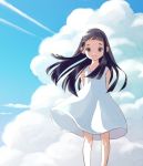  1girl arms_behind_back backlighting bangs bare_arms bare_legs bare_shoulders black_eyes black_hair blue_sky blue_theme blunt_bangs child closed_mouth clothes_lift clouds cloudy_sky collarbone condensation_trail day dot_nose dress feet_out_of_frame floating_hair goto_hime happy hime_cut kakushigoto legs_apart long_hair looking_at_viewer no_(13680486) outdoors shiny shiny_hair short_dress sidelocks sky sleeveless sleeveless_dress smile solo standing tareme white_dress white_theme wind wind_lift 