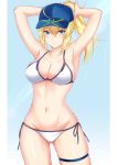  1girl ahoge armpits arms_up artoria_pendragon_(all) ass_visible_through_thighs bangs baseball_cap bikini blonde_hair blue_background blue_eyes breasts commentary_request cowboy_shot eyebrows_visible_through_hair fate/grand_order fate_(series) groin hair_between_eyes hat highres large_breasts long_hair looking_at_viewer mysterious_heroine_xx_(foreigner) navel piro_(prwtrs) ponytail side-tie_bikini skindentation solo standing stomach swimsuit thigh_strap thighs tying_hair white_bikini 