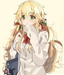  1girl alternate_costume aogisa bag bow breasts covering_mouth duffel_bag eyebrows_visible_through_hair girls_frontline green_bow green_eyes hair_bow hair_ornament hairclip highres large_breasts long_hair long_sleeves looking_at_viewer messy_hair multicolored_bow red_bow s.a.t.8_(girls_frontline) sleeves_past_wrists solo upper_body very_long_hair white_bow 