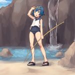  1girl arm_up bare_legs blue_eyes blue_hair blue_sailor_collar chorefuji clouds commentary_request covered_navel fishing_line fishing_rod full_body hairband holding looking_up one-piece_swimsuit open_mouth outdoors pokemon pokemon_(game) pokemon_sm pond rock sailor_collar sandals shirt short_hair sky sleeveless solo standing suiren_(pokemon) swimsuit swimsuit_under_clothes trial_captain water white_shirt 