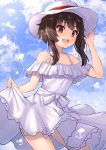  1girl :d alternate_costume bangs bare_arms bare_shoulders blue_sky blush brown_hair clouds collarbone commentary_request contrapposto cowboy_shot day dress dress_lift eyebrows_visible_through_hair frilled_dress frills hand_on_headwear hand_up hat kono_subarashii_sekai_ni_shukufuku_wo! lifted_by_self looking_at_viewer megumin open_mouth outdoors pensuke red_eyes round_teeth short_hair short_hair_with_long_locks skirt_hold sky smile solo spaghetti_strap sun_hat sundress teeth upper_teeth white_dress white_headwear 