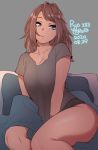  1girl agawa_ryou artist_name blue_eyes breasts brown_hair commentary dark_skin dated large_breasts long_hair original shirt signature sitting solo t-shirt thick_thighs thighs v_arms 