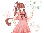  1girl brown_hair cute doki_doki_literature_club dress elesissieghart19 green_eyes hand_up monika_(doki_doki_literature_club) pink_dress pointing pointing_up ponytail smile smiling solo 