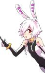  1girl animal_ears bare_shoulders black_bodysuit bodysuit breasts bunny_(d-rex) bunny_girl covered_navel d-rex detached_ears fake_animal_ears hair_over_one_eye hand_up index_finger_raised looking_at_viewer original pilot_suit pointing pointing_up rabbit_ears red_eyes science_fiction short_hair short_hair_with_long_locks small_breasts solo white_bodysuit white_hair 