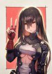  1girl armor black_hair breasts commentary_request earrings fingerless_gloves gloves hair_between_eyes highres jewelry kuroi_susumu large_breasts long_hair looking_at_viewer original shoulder_armor solo under_boob upper_body v yellow_eyes 