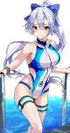  1girl alracoco blush bow fate/grand_order fate_(series) hair_bow handrail highres one-piece_swimsuit ponytail red_eyes signature smile swimsuit thigh_strap tomoe_gozen_(fate/grand_order) tomoe_gozen_(swimsuit_saber)_(fate) water water_drop wet wet_clothes wet_swimsuit white_hair wristband 