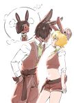  1boy 1girl animal_ears arm_up blonde_hair blush breasts brit_(d-rex) brown_shorts brown_vest bunny_boy bunny_girl bunny_ornament bunny_tail commentary cowboy_shot crop_top d-rex embarrassed eye_contact hair_between_eyes hair_over_one_eye hand_in_pocket highres leaning_forward long_sleeves looking_at_another midriff navel original rabbit_ears shirt shorts simple_background small_breasts steam tail vest white_background white_shirt 