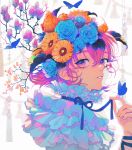  1girl akiakane blue_butterfly choker close-up flower frilled_choker frills hair_flower hair_ornament highres looking_back original pink_eyes pink_hair short_hair solo 