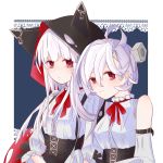  2girls :t ahoge arm_belt azur_lane bangs bare_shoulders black_cape black_skirt blue_background blunt_bangs blush bolt breasts cape center_frills closed_mouth commentary_request corset detached_sleeves erebus_(azur_lane) eyebrows_behind_hair frills gothic_lolita hair_between_eyes hat high-waist_skirt highres hood hood_up hooded_cape horned_hood litsuka_(lililitsuka) lolita_fashion long_hair long_sleeves looking_at_viewer medium_breasts multiple_girls neck_ribbon red_eyes red_neckwear ribbon screw screw_in_head shirt short_hair side-by-side sidelocks sitting skirt sleeves_past_fingers sleeves_past_wrists terror_(azur_lane) torn_cape torn_clothes upper_body white_hair white_shirt 