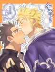  2boys bara black_hair blonde_hair blush brown_hair couple facial_hair fingerless_gloves gloves goatee highres hood hoodie jacob_(tokyo_houkago_summoners) kihane_atsusane kiss male_focus manly master_3_(tokyo_houkago_summoners) multiple_boys nose_kiss open_mouth short_hair thick_eyebrows tokyo_houkago_summoners translation_request upper_body yaoi 