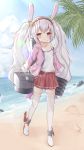  1girl absurdres animal_ears azur_lane beach camisole cannon clouds commentary_request fake_animal_ears full_body hairband highres irokari jacket laffey_(azur_lane) long_hair ocean off_shoulder open_mouth outdoors palm_tree pink_jacket rabbit_ears red_eyes red_skirt shoes silver_hair skirt sky solo thigh-highs thighs torpedo tree twintails water weapon white_camisole white_footwear white_legwear 